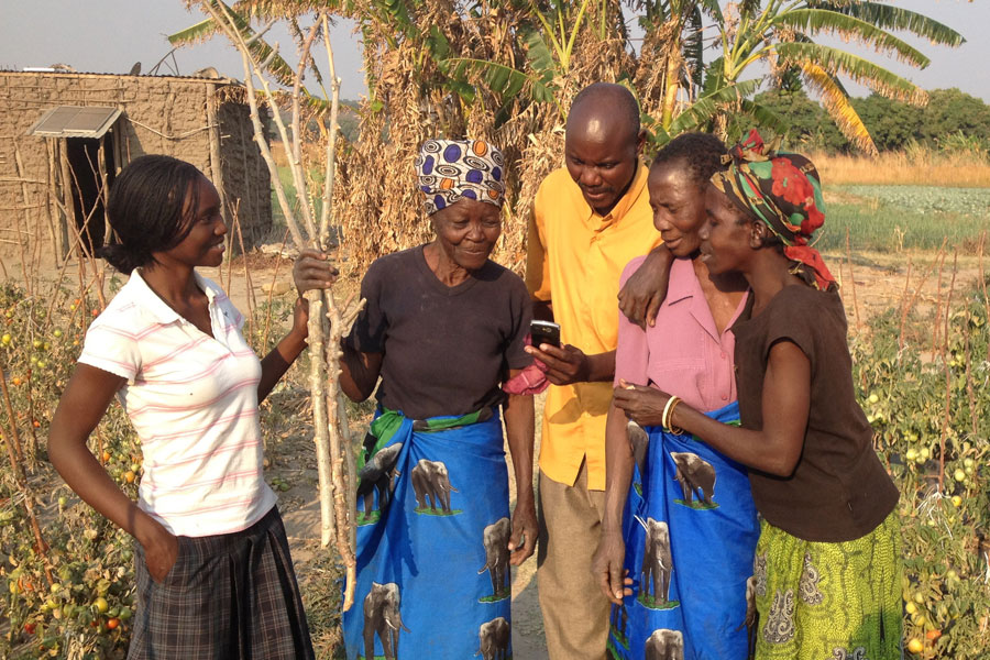Photo of farmers in Zambia using mobile technology.