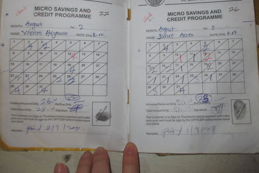 Photo of a micro savings credit program schedule book.